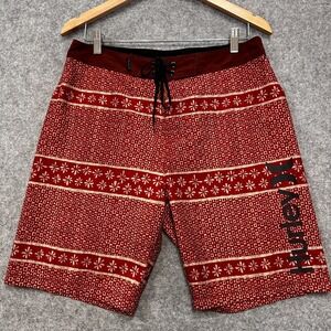 Hurley Boardshorts Mens 31 Red Cream Pattern Hurley Leg Logo Y2K Surf Swimwear
